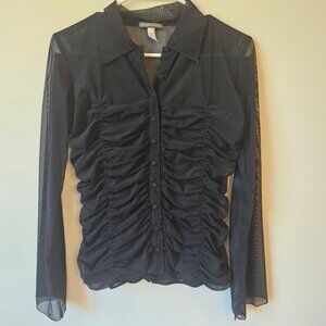 Agentovivo Ruched Black Mesh Button-Up Shirt With Lace-Up corset Back size L